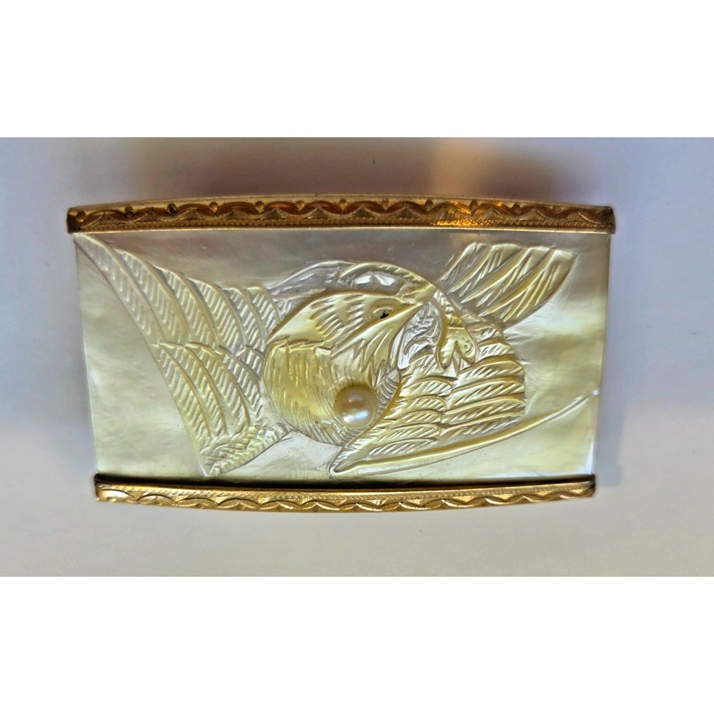 Vintage Carved Mother of Pearl Eagle Brooch Gold Tone Buckle Hand Carved Shell